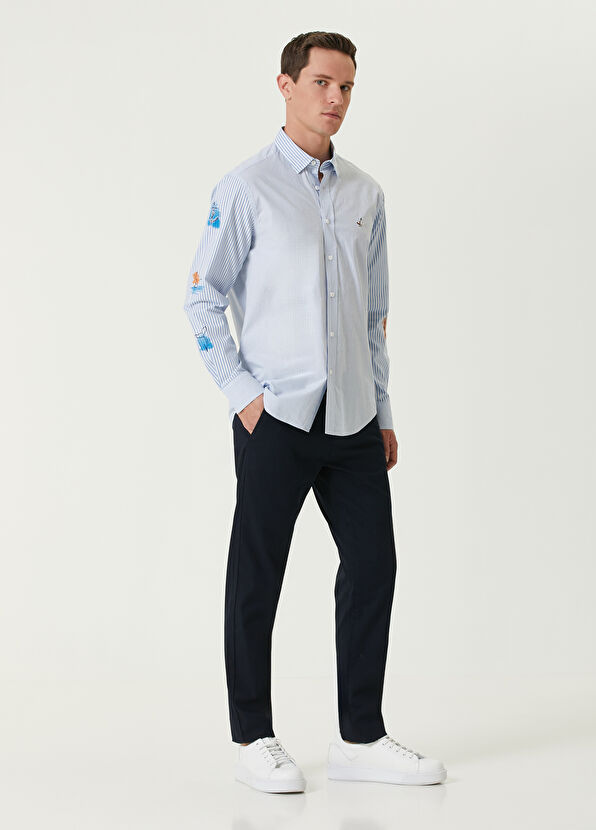 Beymen Club Comfort Fit Blue Striped Sleeves Printed Shirt - 3