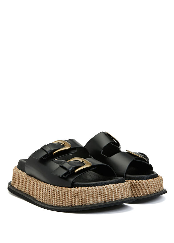 Beymen Club Black Jute Soles Womens Leather Slippers - 2