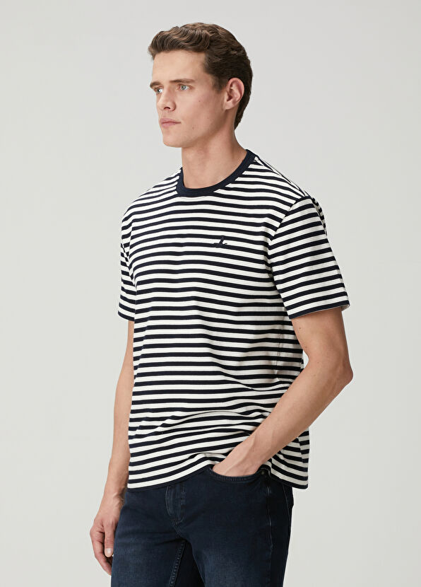Beymen Club Navy Blue White Relax Fit Striped T-Shirt - 4
