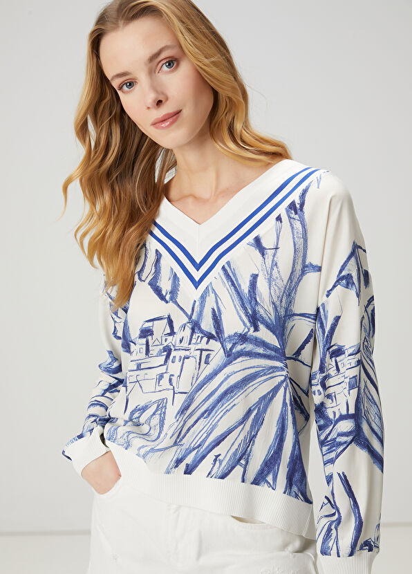 Beymen Club Blue White Patterned Silk Sweater - 1
