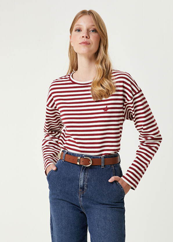 Beyaz Bordo Çizgi Desenli Sweatshirt Beymen Club Beyaz Bordo Çizgi Desenli Sweatshirt - 4