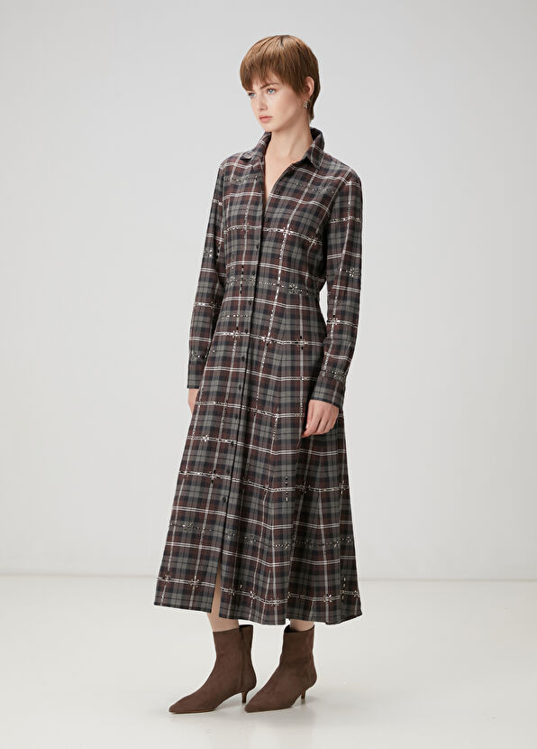 Beymen Club Gri Ekose Desenli Midi Elbise - 4