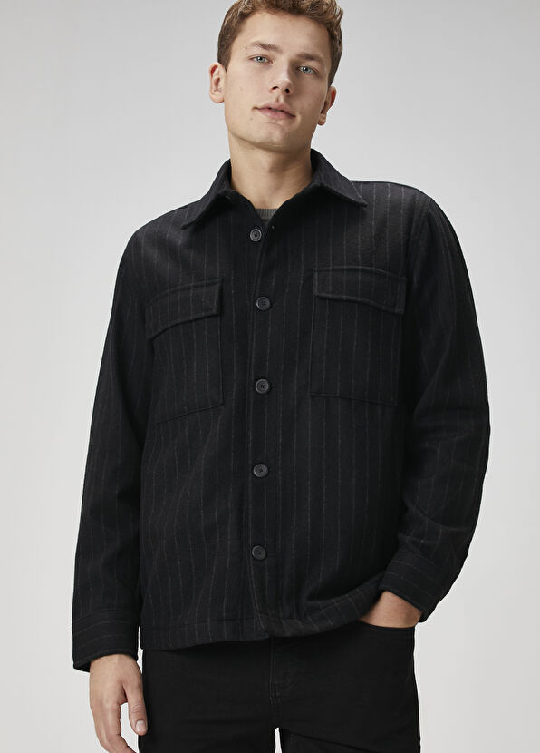 Beymen Club Siyah Çizgi Desenli Yün Dış Gömlek - 2