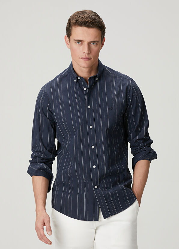 Beymen Club Comfort Fit Lacivert Çizgi Desenli Gofreli Gömlek - 1