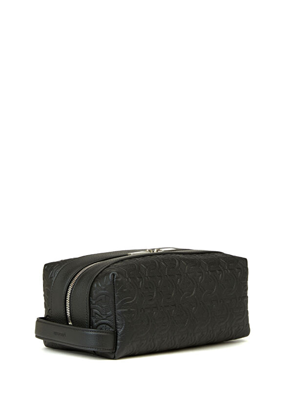 Ferragamo Siyah Logo Dokulu Deri Tıraş Çantası - 2