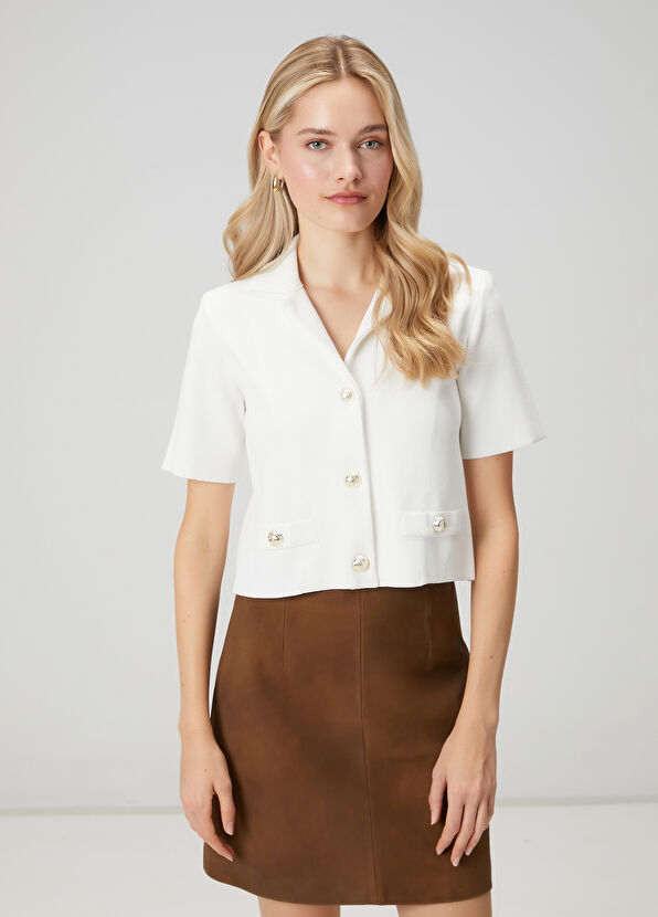 Beymen Club Kırık Beyaz Crop Triko Ceket - 1