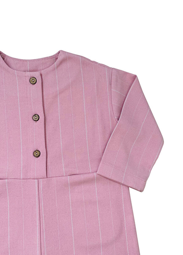 Lullmom Pembe Çizgili Düğmeli Uzun Kollu Kız Çocuk Tulum - 2