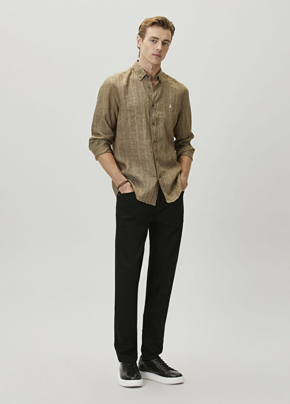 Beymen Club Comfort Fit Khaki Striped Linen Shirt - 3