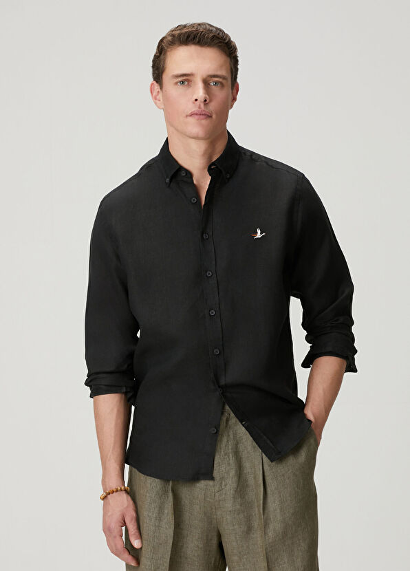 Beymen Club Siyah Comfort Fit Keten Gömlek - 4