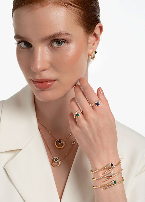 Molu Tropica Lapis Lazuli İnce Pırlantalı 18 Ayar Pembe Altın Kadın Kelepçe Bilezik - 3