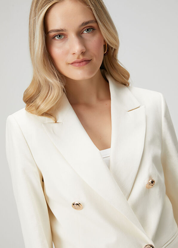 Beymen Club Off-White Double-Breasted Linen Blazer - 2
