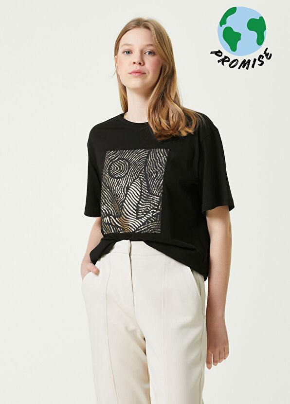 Beymen Club Siyah Bisiklet Yaka Varak Baskılı T-shirt - 1