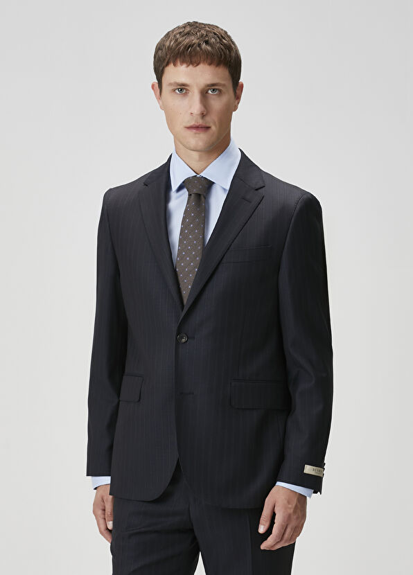 Drop 7 Lacivert Çizgili Yün Takım Elbise - Görsel 6