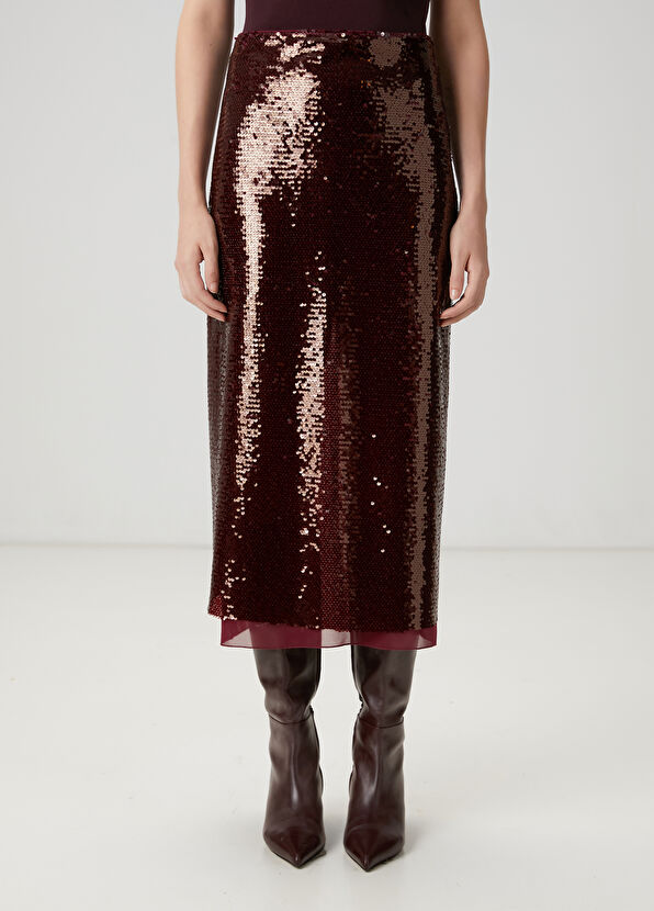 Beymen Club Burgundy Sequined Midi Evening Skirt - 3