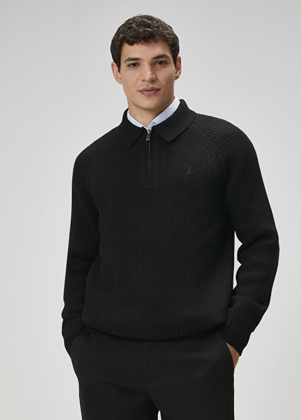 Beymen Club Black Knitted Textured Wool Polo Sweater - 2