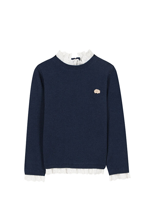 Tartine Et Chocolat Navy Blue Wool Shirt Collared Girl's Sweater - 1