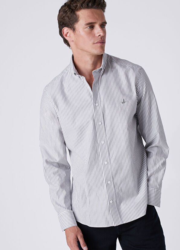 Beymen Club Comfort Fit Khaki White Striped Oxford Shirt - 1