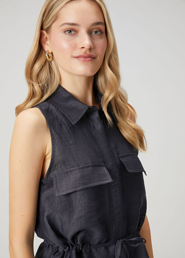 Beymen Club Navy Blue Shiny Linen Vest With Gathered Waist - 2