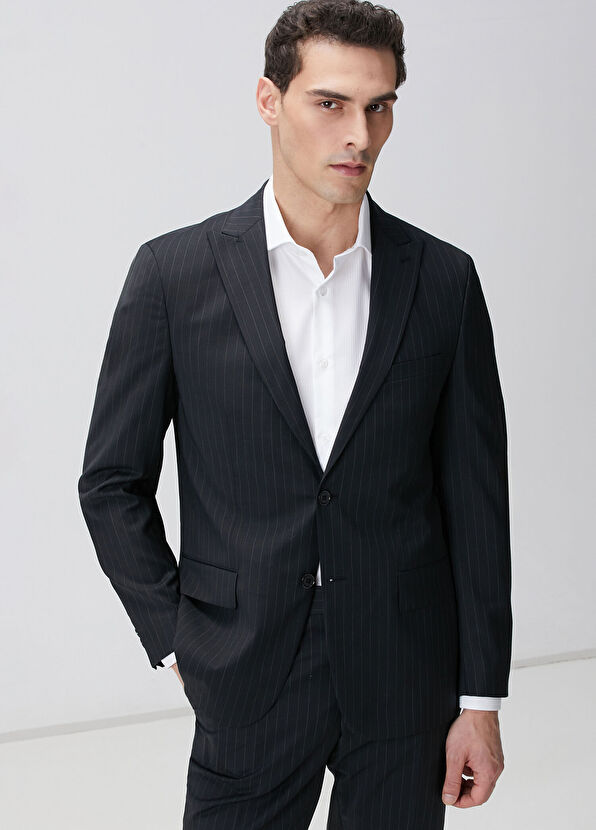 Network Siyah Çizgi Desenli Yün Karışımlı Takım Elbise - 2