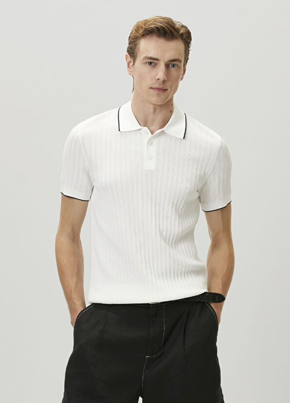 Beymen Club Beyaz Polo Yaka Waffle Örgülü Kısa Kollu Triko - 2