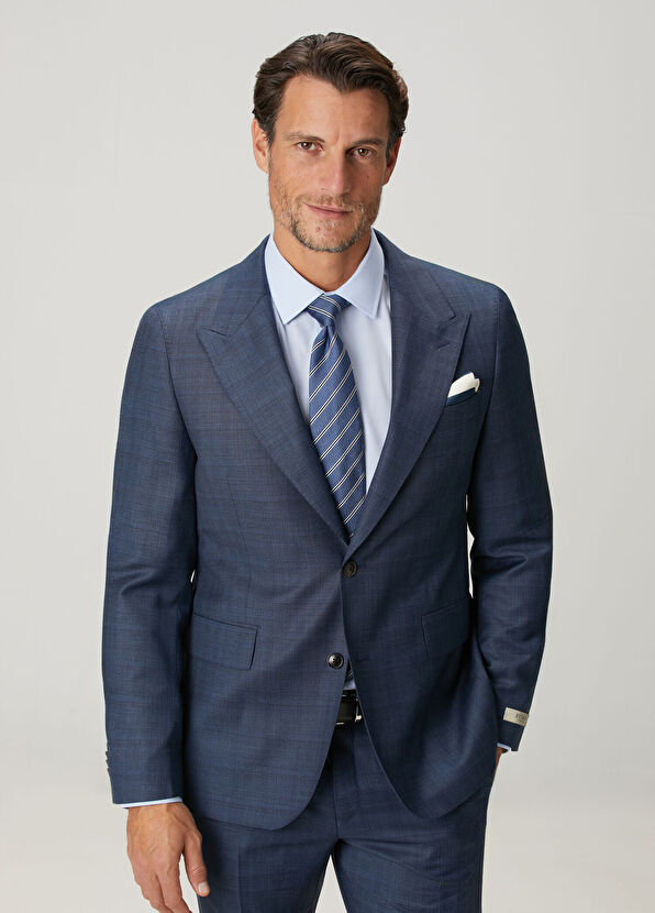 Drop 7 Indigo Ekose Desenli Yün Takım Elbise - Görsel 3