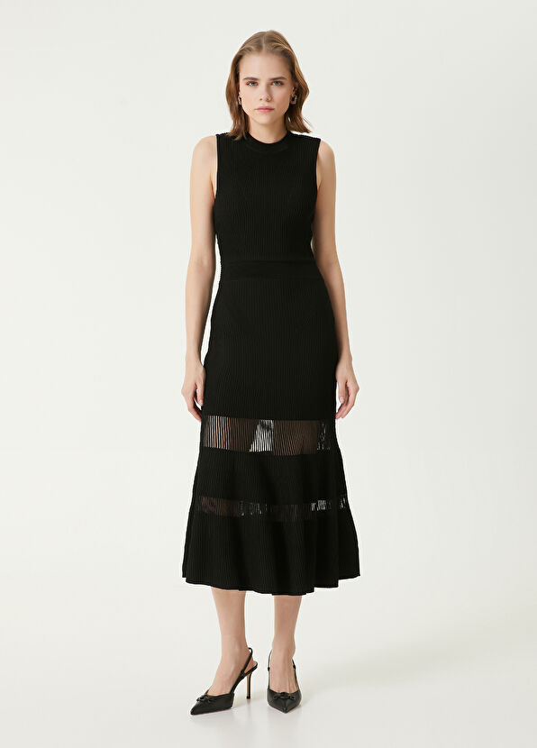 Beymen Club Siyah Transparan Detaylı Midi Triko Elbise - 4