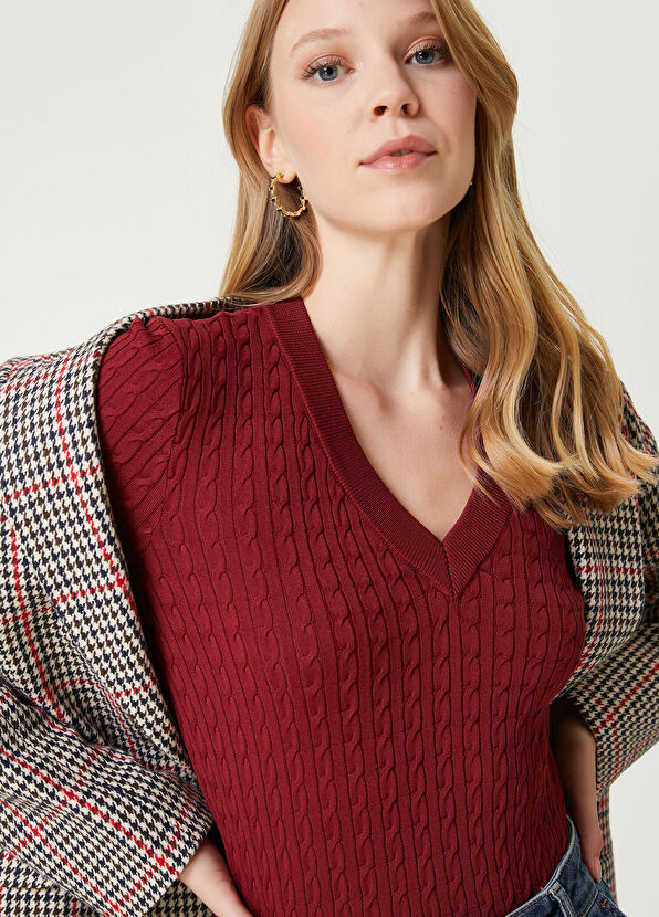 Beymen Club Burgundy Knit Textured Sweater - 2