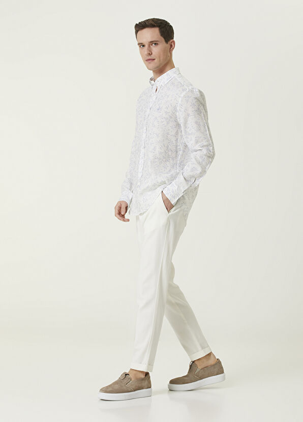 Beymen Club Comfort Fit Blue White Leaf Patterned Linen Shirt - 3