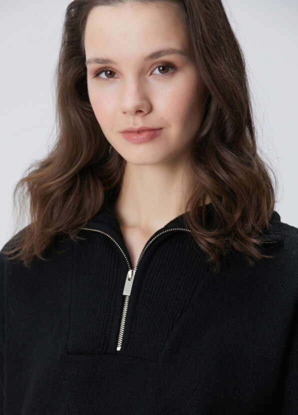 Network Siyah Dik Yaka Fermuarlı Uzun Kol Kazak - 2