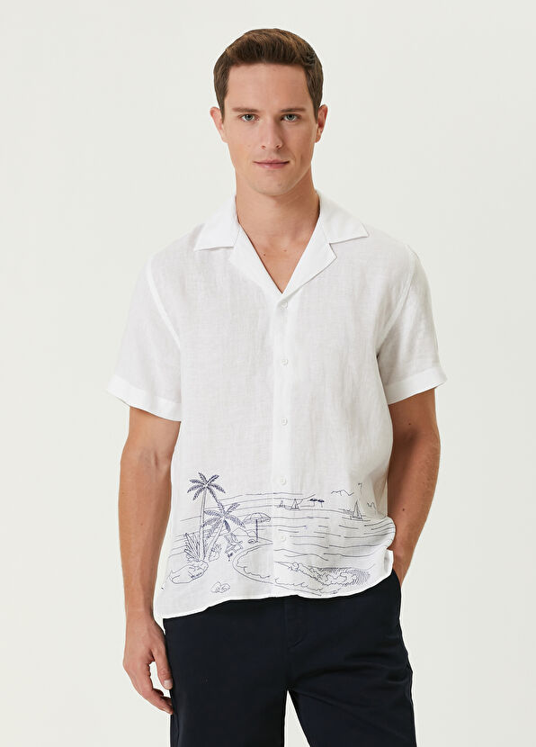 Beymen Club Comfort Fit Beyaz Manzara Nakışlı Keten Gömlek - 1