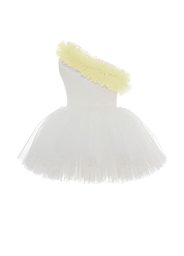 Mini Celebrities Beyaz Sarı Fırfırlı Tek Omuzlu Kız Çocuk Tütü Elbise - 1