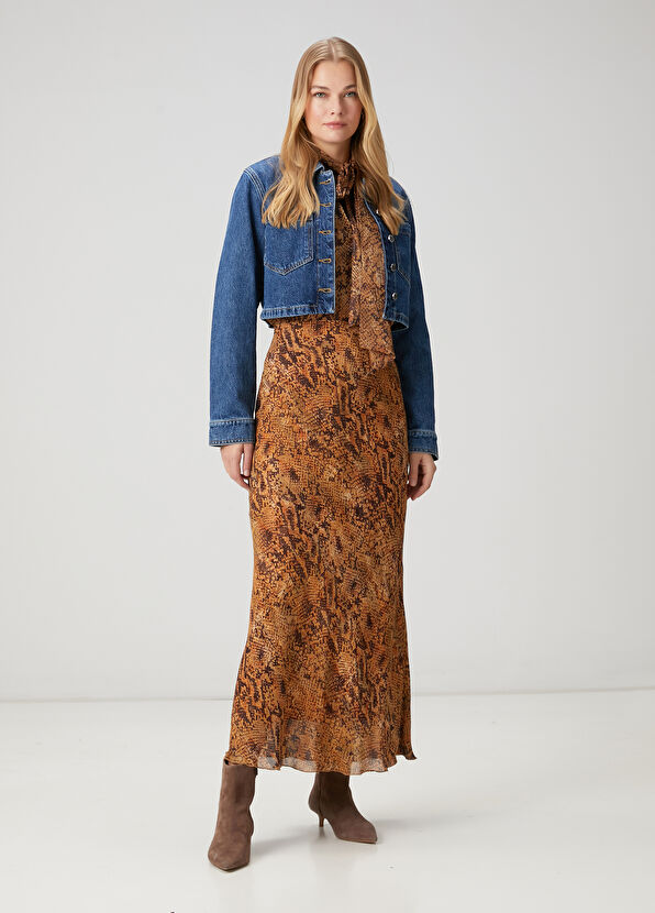 Beymen Club Brown Snake Print Midi A-Line Chiffon Skirt - 1