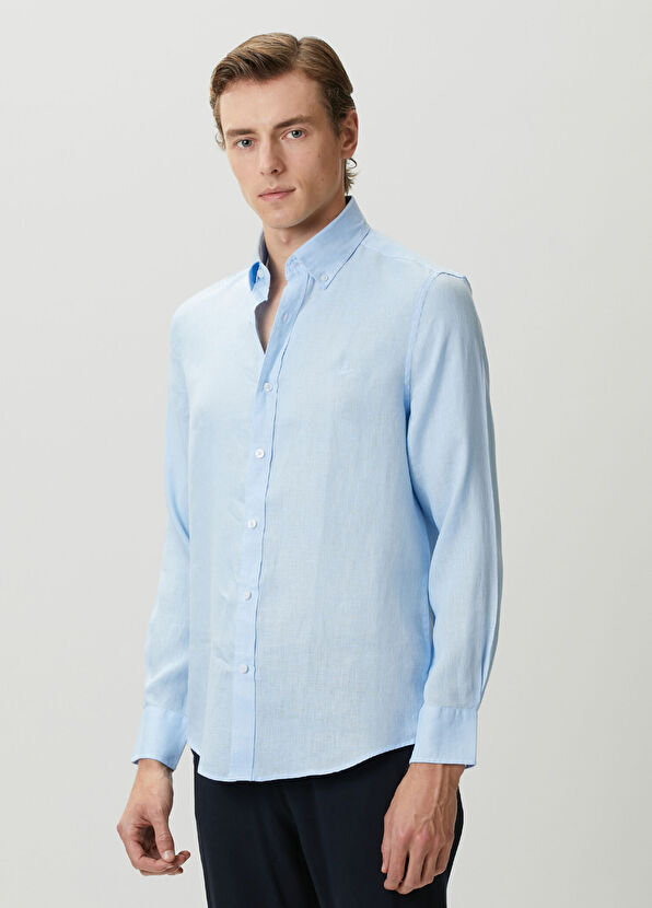Beymen Club Comfort Fit Linen Shirt With Blue Tonal Embroidery - 4