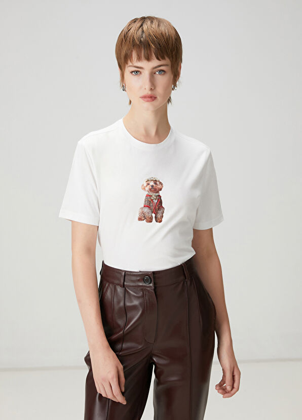 Beymen Club Kırık Beyaz Taşlı Köpek Baskılı T-shirt - 1