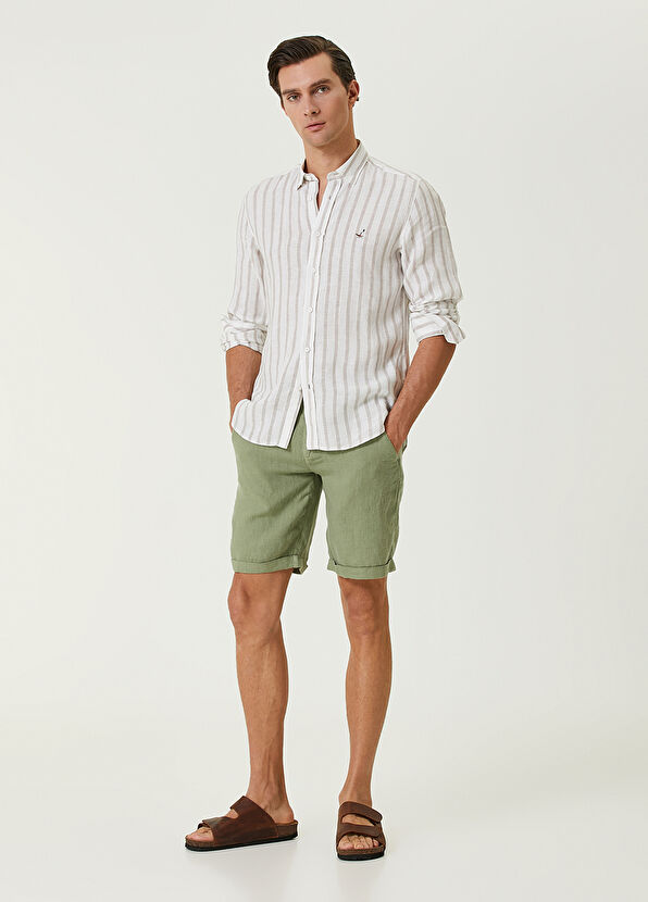 Beymen Club Regular Fit Yeşil Beli Kordonlu Keten Şort - 1