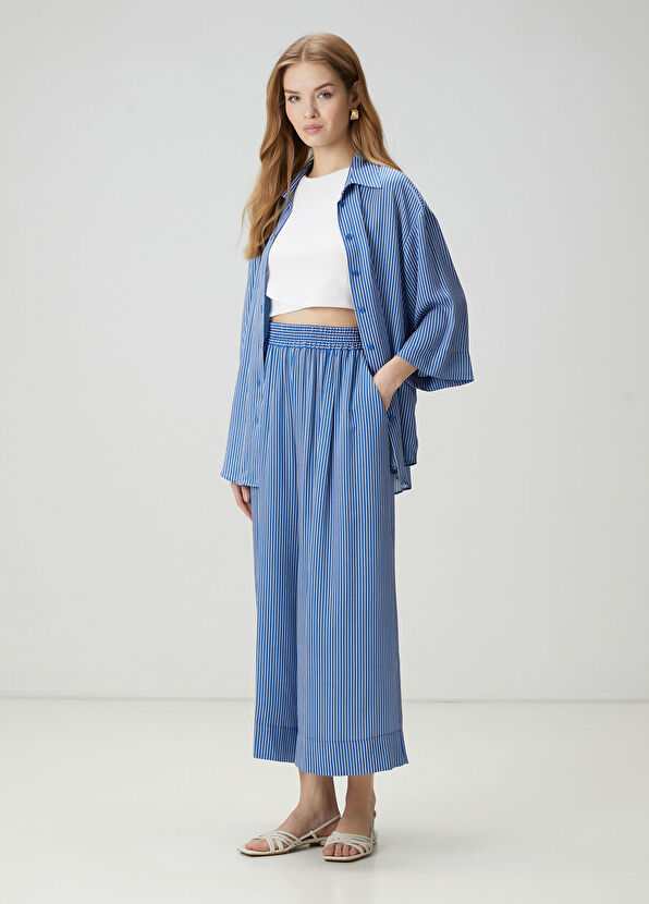 Beymen Club Mavi Çizgili İpek Pantolon - 1