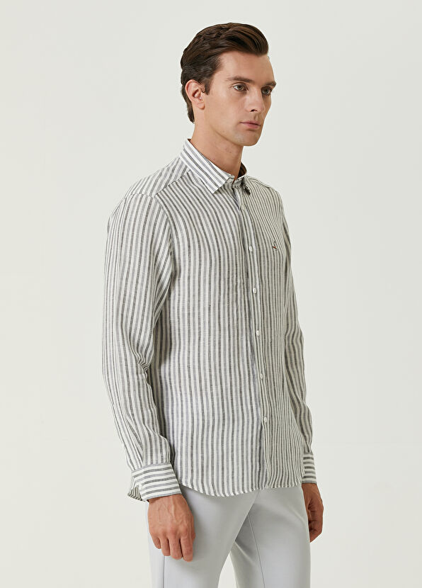 Beymen Club Comfort Fit Grey Striped Linen Shirt - 4