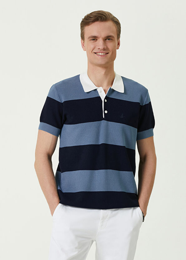 Beymen Club Mavi Polo Yaka Şerit Desenli Kısa Kollu Triko - 1