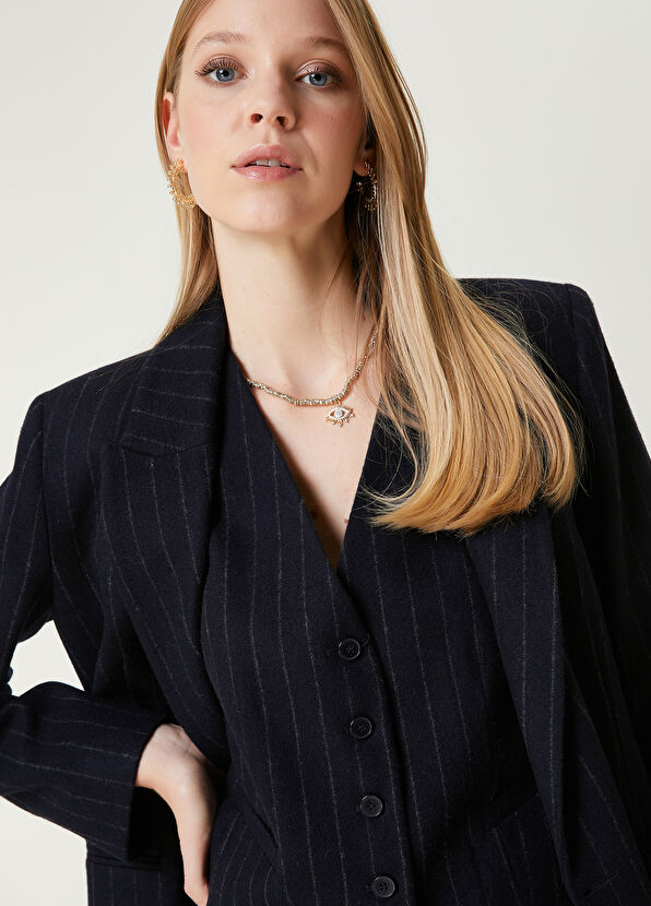 Beymen Club Lacivert Çizgili Yün Yelek - 2