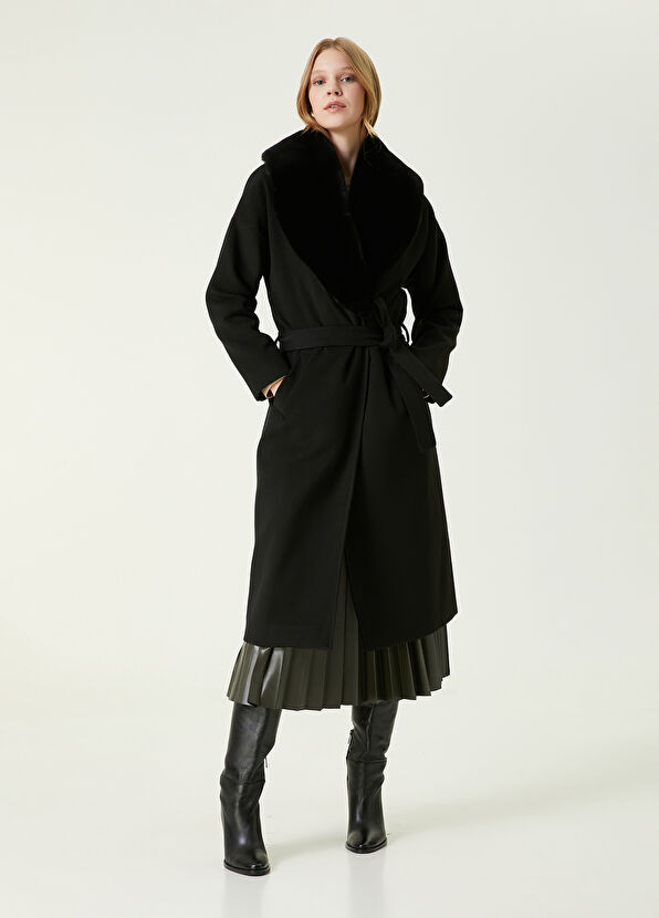 Beymen Club Siyah Suni Kürk Yaka Kruvaze Palto - 2