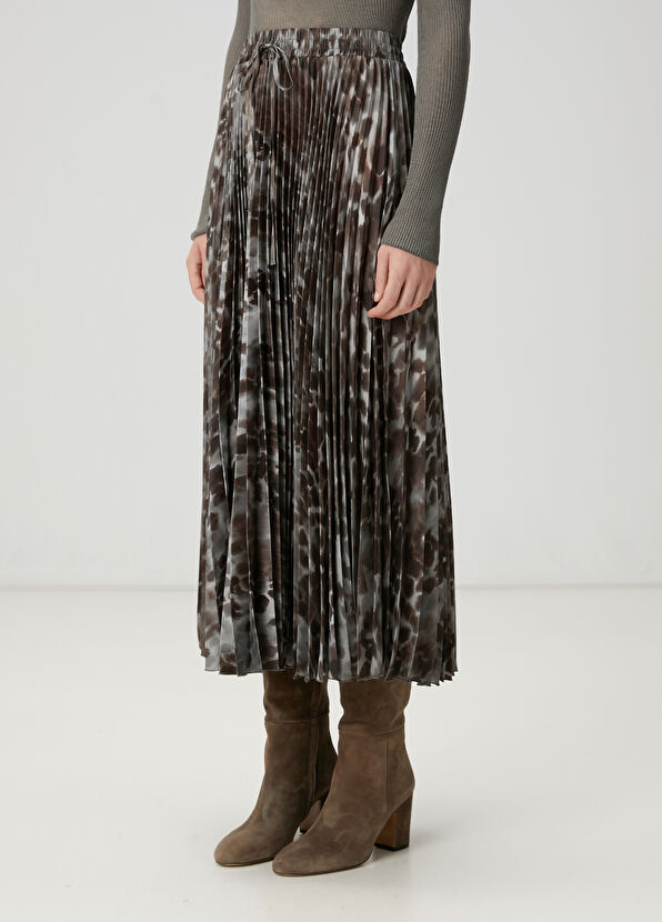 Beymen Club Kahverengi Desenli Pileli Midi Etek - 4