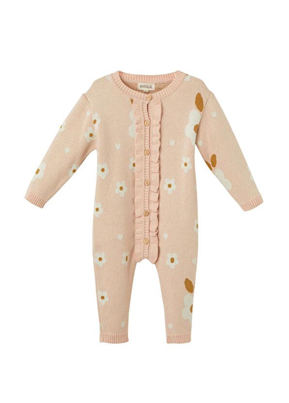 Patique Kids Pembe Çiçekli Organik Pamuk Uzun Kollu Kız Bebek Tulum - 1