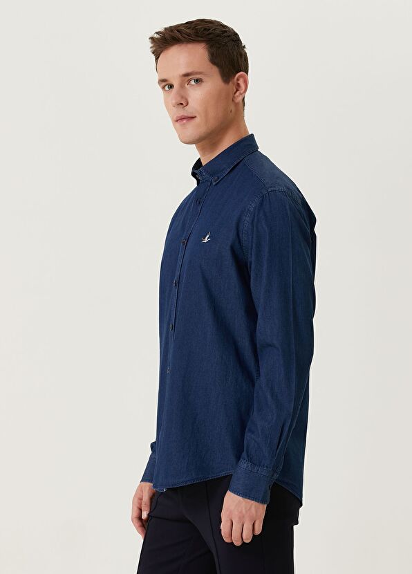 Beymen Club Comfort Fit Koyu Mavi Grogren Detaylı Denim Gömlek - 4
