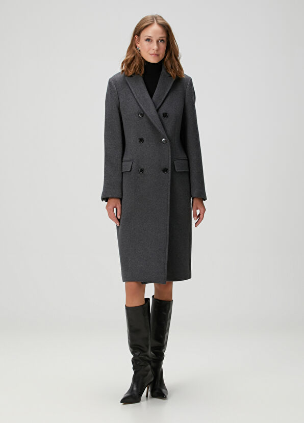 Antrasit Kruvaze Yün Palto - Görsel 5