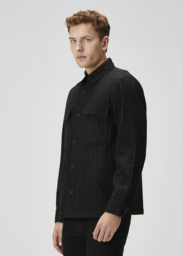 Beymen Club Siyah Çizgi Desenli Yün Dış Gömlek - 4
