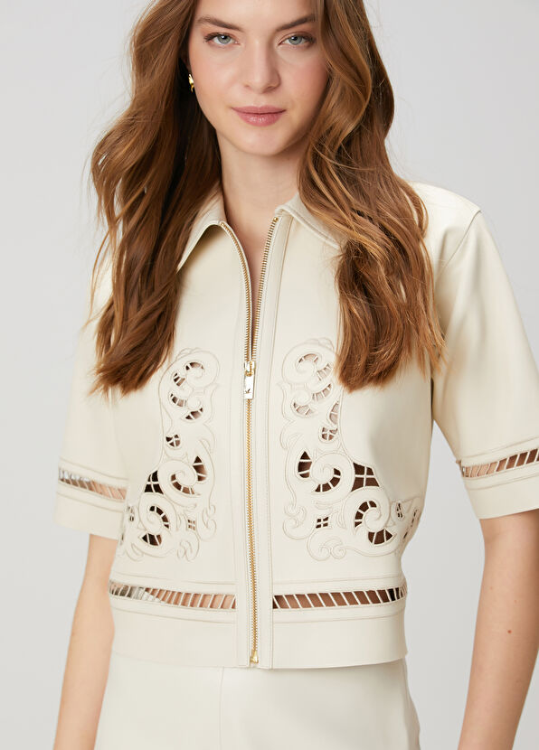 Beymen Club Kırık Beyaz Nakışlı Deri Ceket - 4