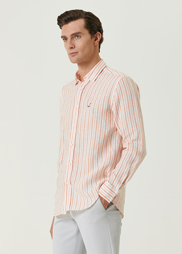 Beymen Club Comfort Fit Salmon Striped Linen Shirt - 4