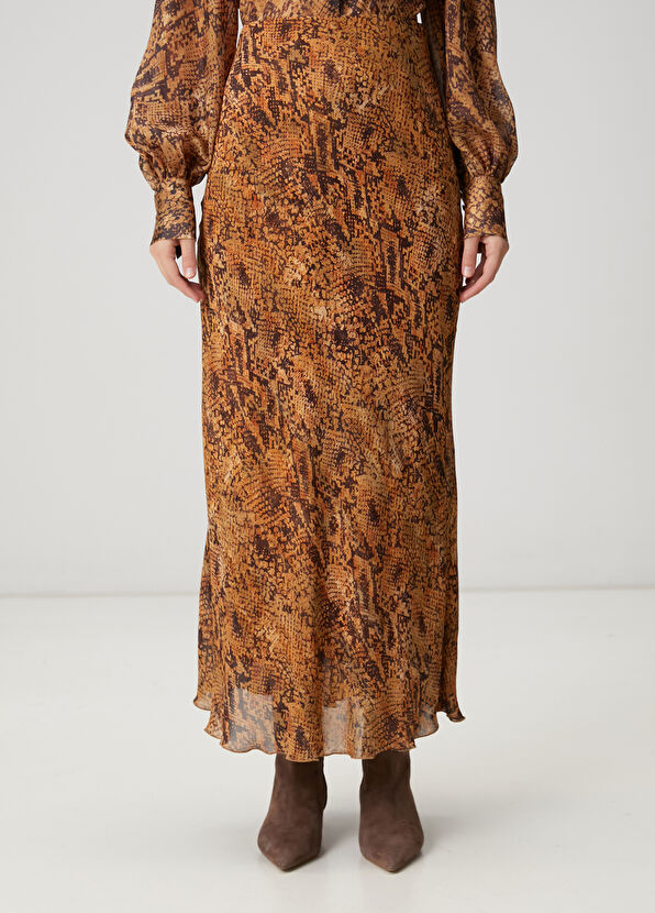 Beymen Club Brown Snake Print Midi A-Line Chiffon Skirt - 2