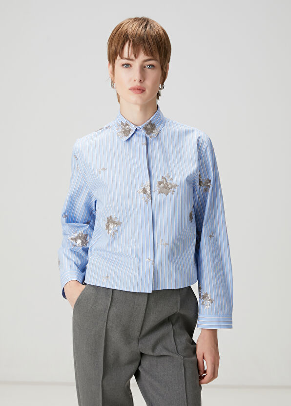 Beymen Club Mavi Çizgili İşlemeli Gömlek - 1