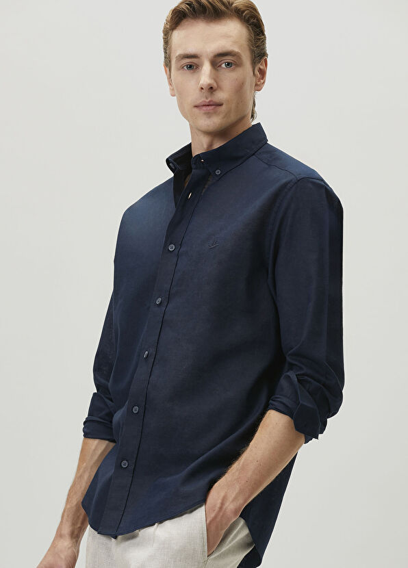 Beymen Club Comfort Fit Navy Blue Linen Shirt - 1